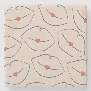 Retro Minimalist Line Art Lips Terracotta Red Stone Coaster
