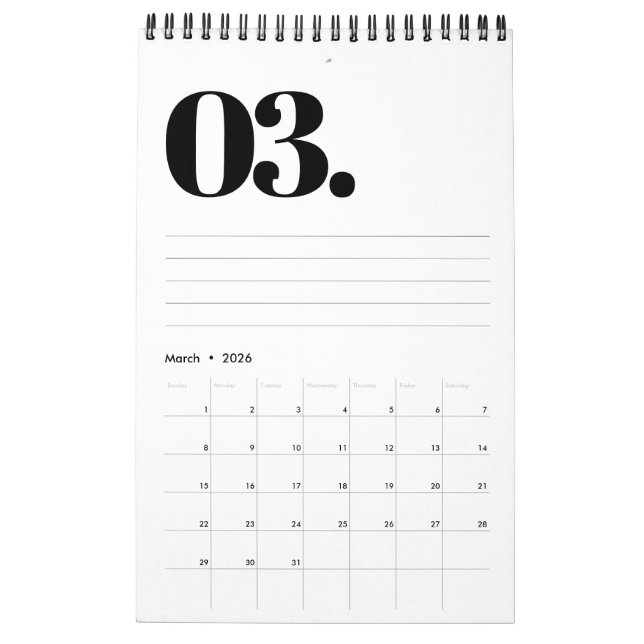 Retro Minimalist No Photo Black and White 2026 Calendar (Mar 2026)