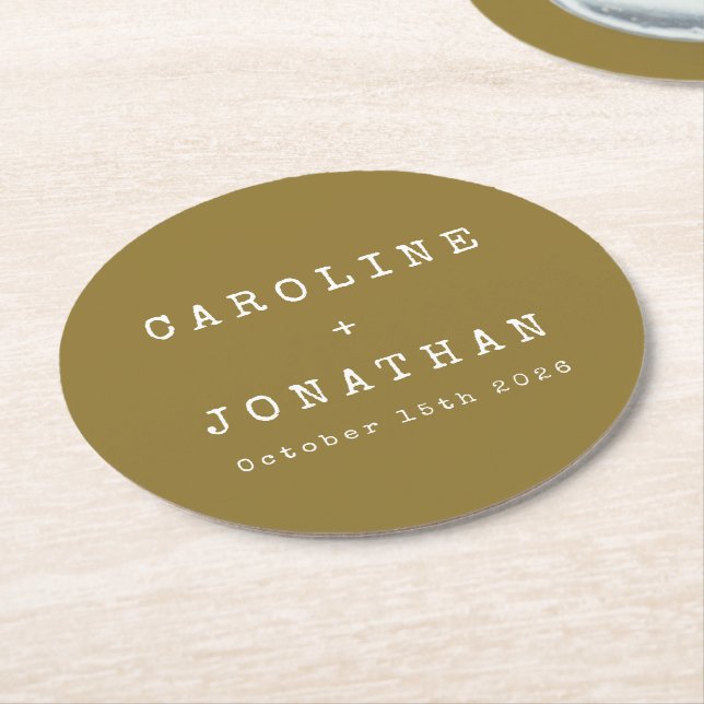 Retro Minimalist Ochre Typewriter Custom Wedding Round Paper Coaster (Angled)