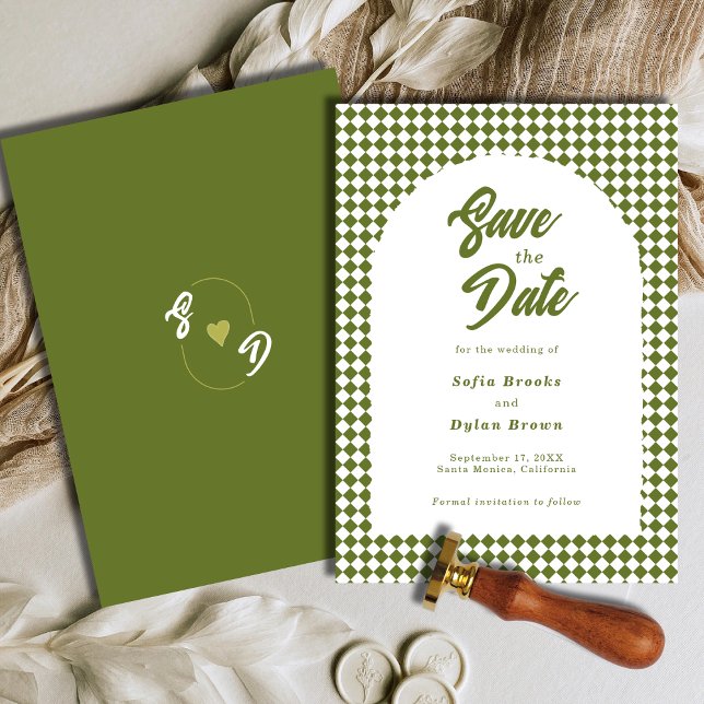 Retro Minimalist Olive green Arch Checker Wedding Save The Date (Creator Uploaded)