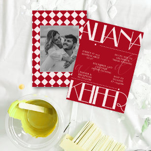 Retro Minimalistic Checkered Pattern Red Wedding Invitation