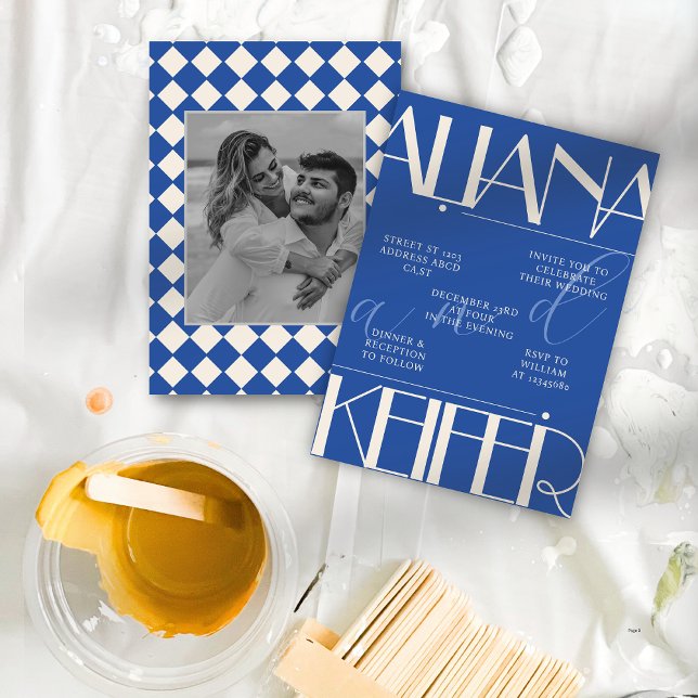 Retro Minimalistic Chequered Pattern Blue Wedding  Invitation (Creator Uploaded)