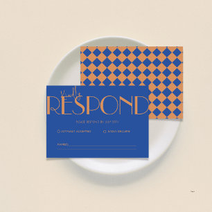 Retro Minimalistic Chequered Pattern Blue Wedding  RSVP Card