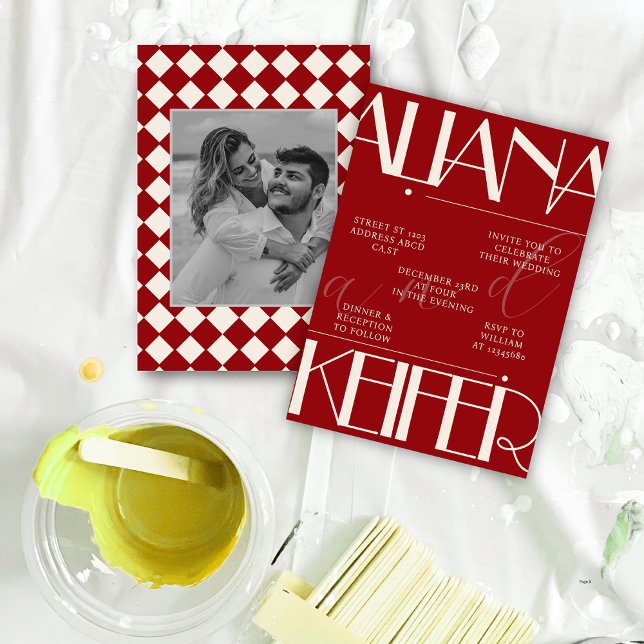 Retro Minimalistic Chequered Pattern Red Wedding  Invitation (Creator Uploaded)