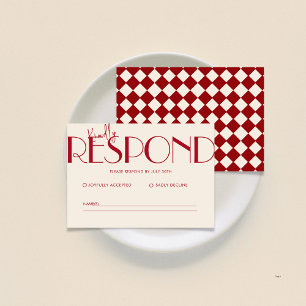 Retro Minimalistic Chequered Pattern Red Wedding  RSVP Card