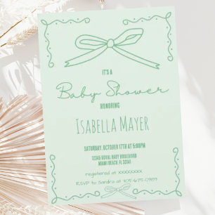 Retro Mint Green Hand Drawn Bow Baby Shower Invitation