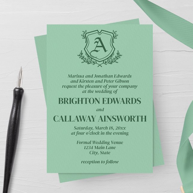 Retro Mint Leaf and Floral Monogram Wedding Invitation (Creator Uploaded)