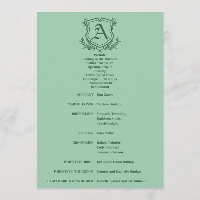 Retro Mint Leaf and Floral Monogram Wedding Programme (Front)