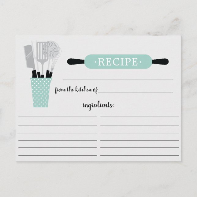 Retro Mint Rolling Pin Kitchen Tools Recipe Card (Front)