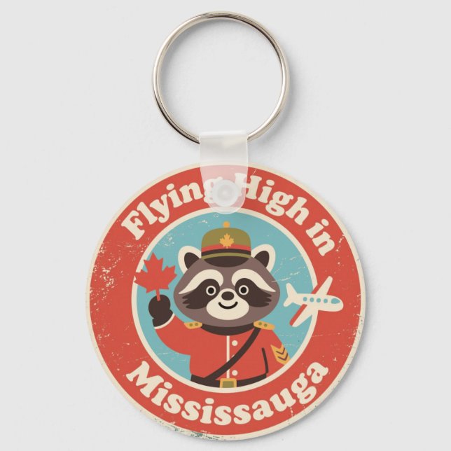 Retro Mississauga Racoon Flying Key Ring (Front)