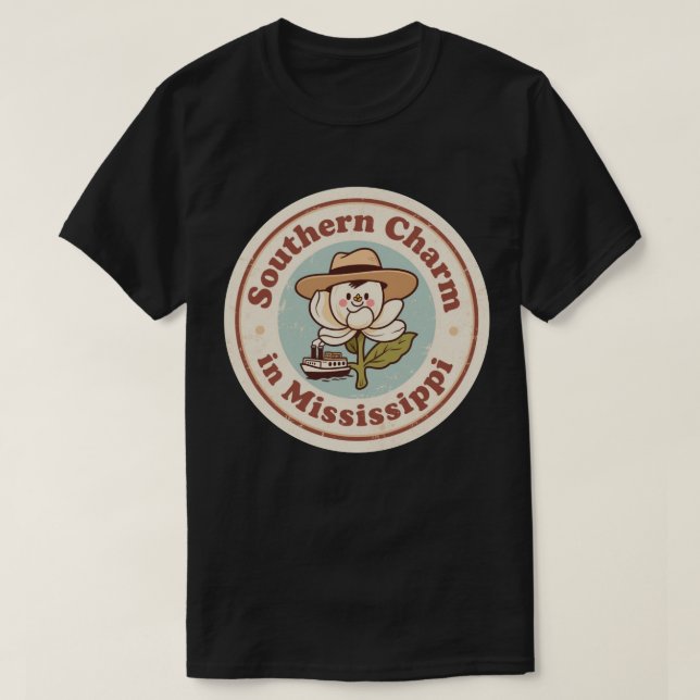Retro Mississippi Badge_ Magnolia with Steamboat  T-Shirt (Design Front)