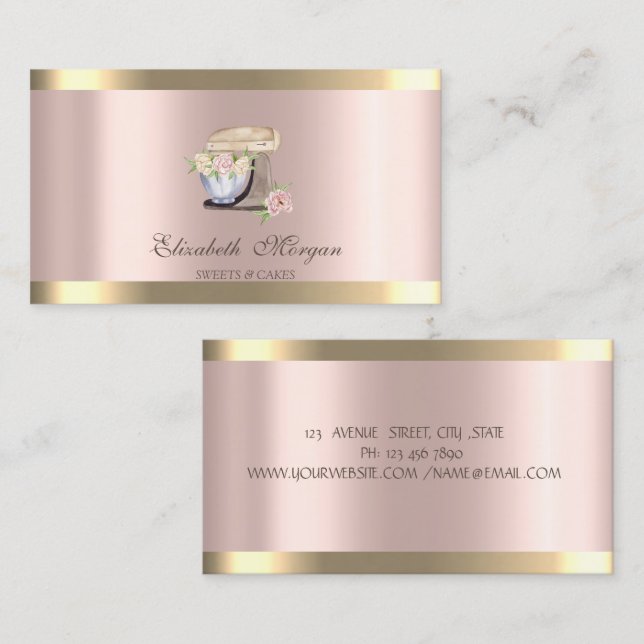 Retro Mixer Gold Stripe Rose Gold Bakery Business Card (Front/Back)