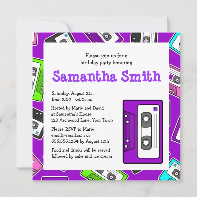 Retro Mixtape Themed Birthday Party Invite Purple (Front)