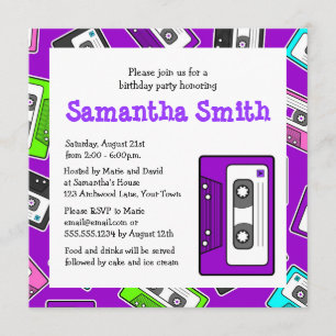 Retro Mixtape Themed Birthday Party Invite Purple