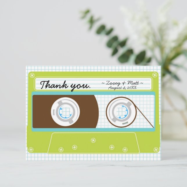 Retro Mixtape Wedding Blue and Lime Thank You Card (Standing Front)