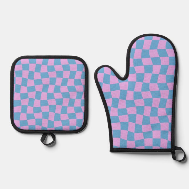 Retro Mod Abstract Chequerboard in Blue and Purple Oven Mitt & Pot Holder Set (Front)