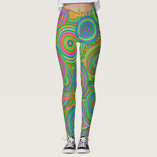 Retro mod abstract circles,Green and Orange-red Leggings