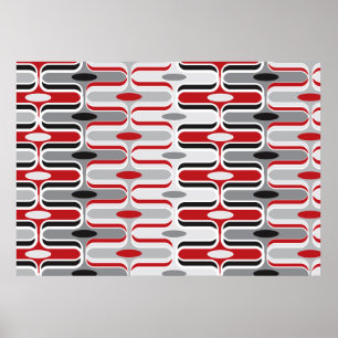 Retro Mod Art Deco Zig Zag Funky Pattern Red Black Poster