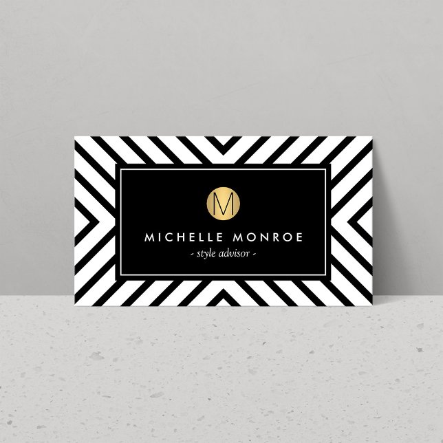 Retro Mod Black and White Pattern Gold Monogram Business Card (Creator Uploaded)