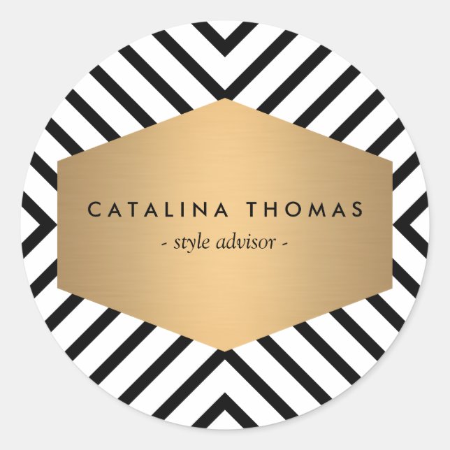 Retro Mod Black and White Pattern with Gold Emblem Classic Round Sticker (Front)