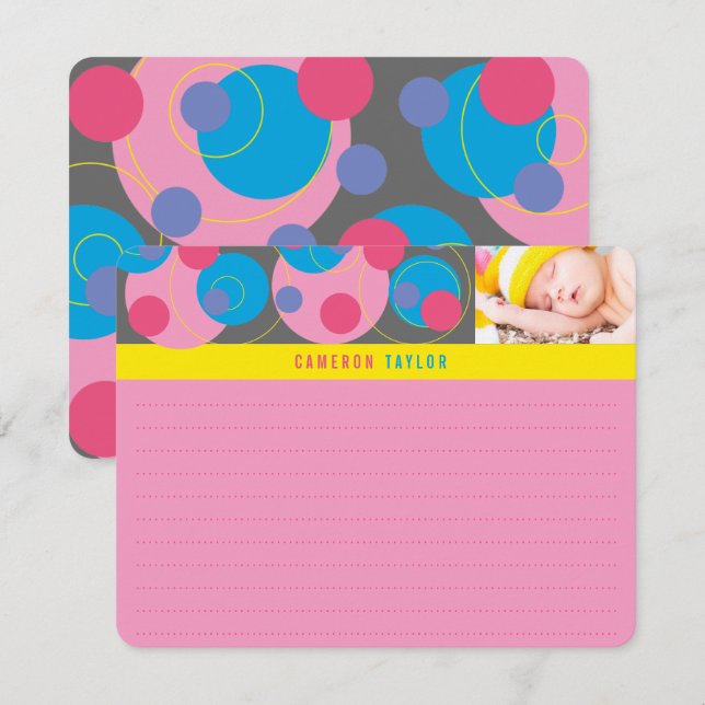 Retro Mod Bubbly Circles Dots Pink Blue Kids Photo Thank You Card (Front/Back)