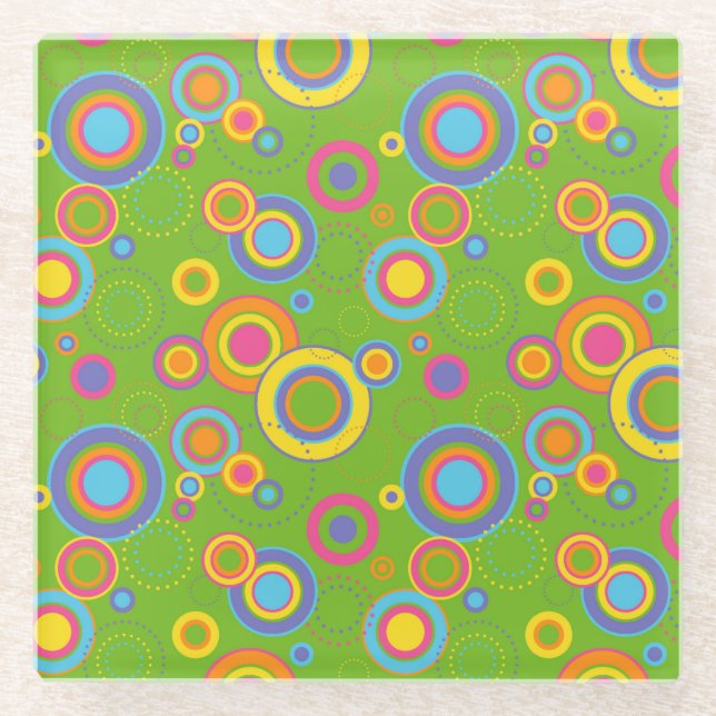 Retro Mod Circles on Green Glass Coaster (Front)