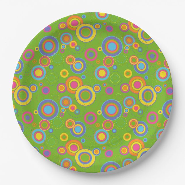 Retro Mod Circles on Green Paper Plate (Front)