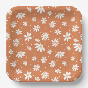 Retro Mod Daisy Groovy Hippie 60s 70s Burnt Orange Paper Plate