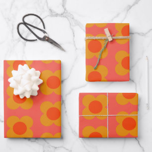 Retro Mod Flower Pattern in Orange  Wrapping Paper Sheet