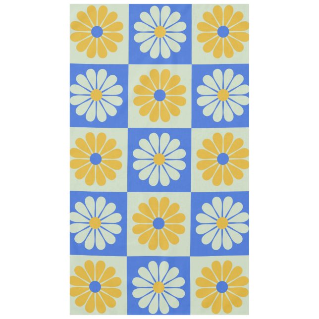 Retro Mod Flowers Pattern in Blue and Yellow  Tablecloth (Front)