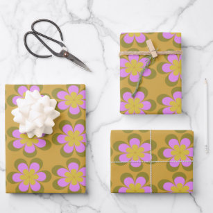 Retro Mod Flowers Pattern in Yellow and Violet Wrapping Paper Sheet