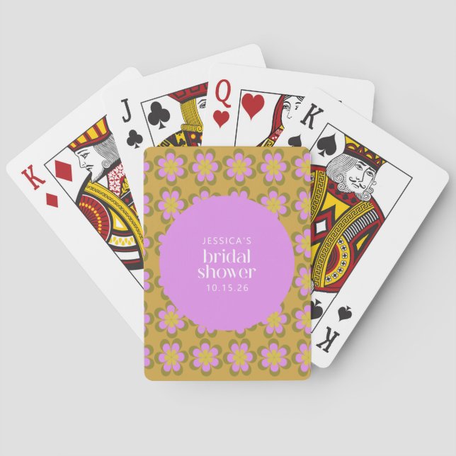 Retro Mod Flowers Purple and Yellow Bridal Shower  Playing Cards (Back)