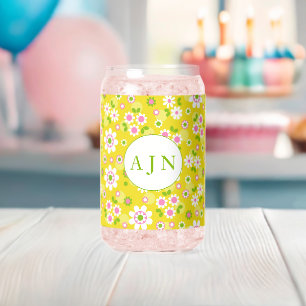 Retro Mod Flowers Yellow & White Monogram Can Glass