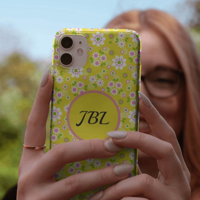 Retro Mod Flowers Yellow & White Monogram Case-Mate iPhone Case (Creator Uploaded)