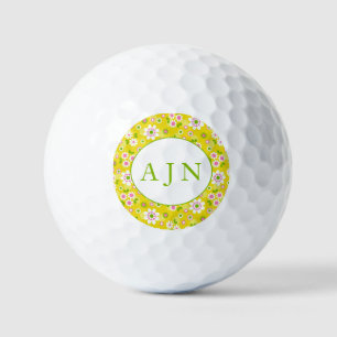 Retro Mod Flowers Yellow & White Monogram  Golf Balls