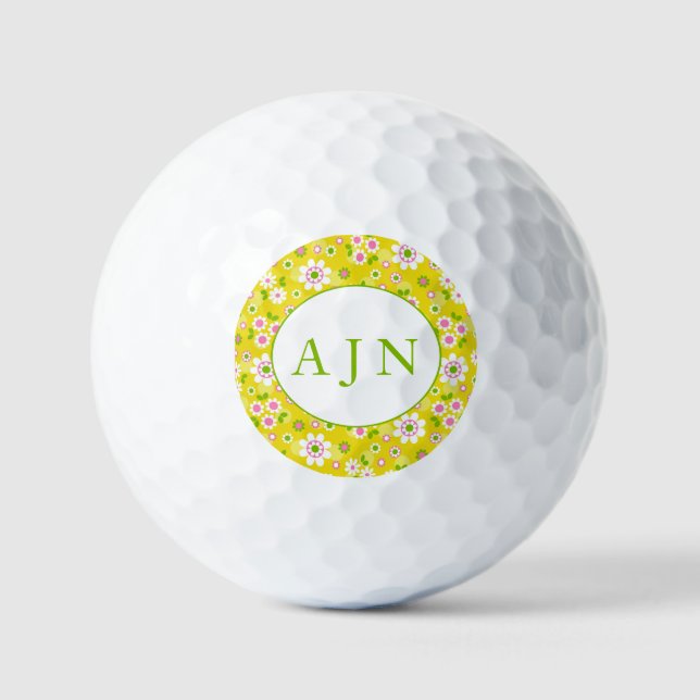 Retro Mod Flowers Yellow & White Monogram  Golf Balls (Front)