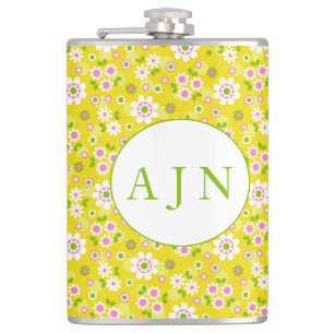 Retro Mod Flowers Yellow & White Monogram  Hip Flask