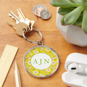 Retro Mod Flowers Yellow & White Monogram Key Ring