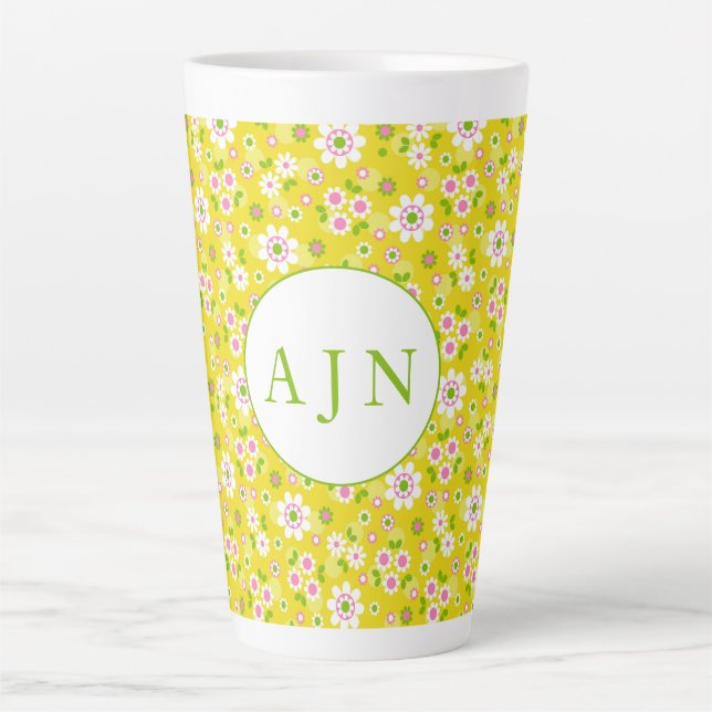 Retro Mod Flowers Yellow & White Monogram  Latte Mug (Front)