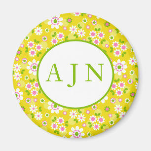 Retro Mod Flowers Yellow & White Monogram Magnet
