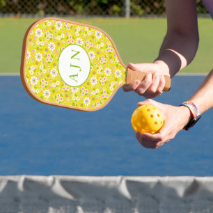 Retro Mod Flowers Yellow & White Monogram Pickleball Paddle