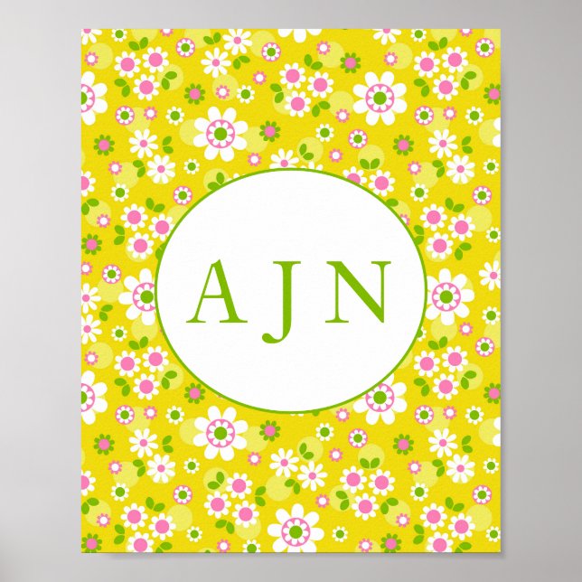 Retro Mod Flowers Yellow & White Monogram  Poster (Front)
