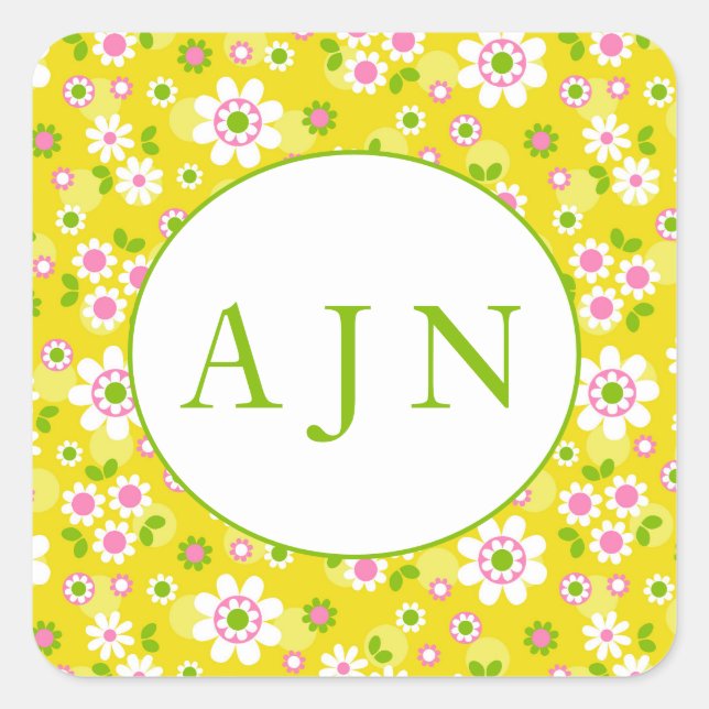 Retro Mod Flowers Yellow & White Monogram  Square Sticker (Front)