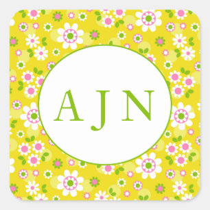 Retro Mod Flowers Yellow & White Monogram  Square Sticker
