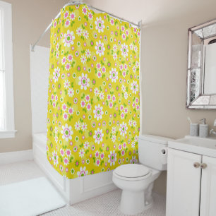 Retro Mod Flowers Yellow & White Shower Curtain