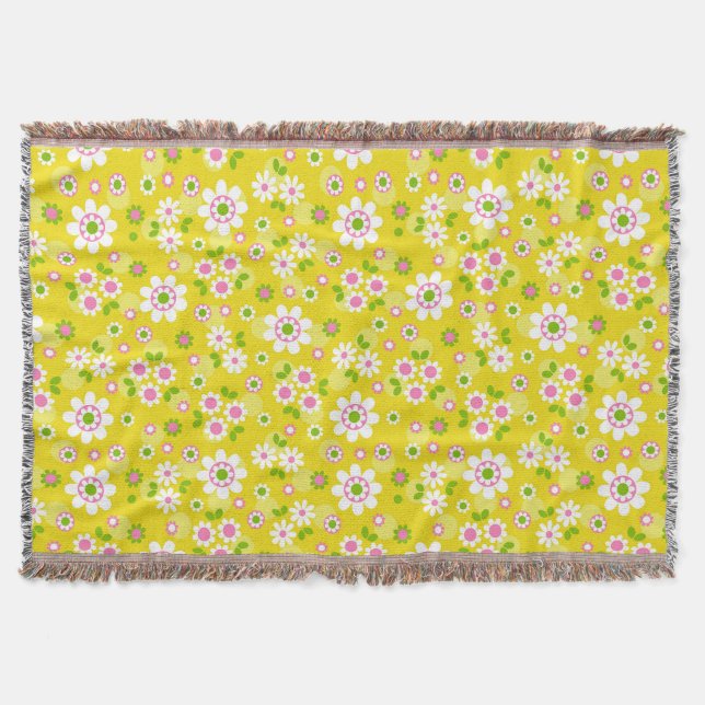 Retro Mod Flowers Yellow & White Throw Blanket (Front)