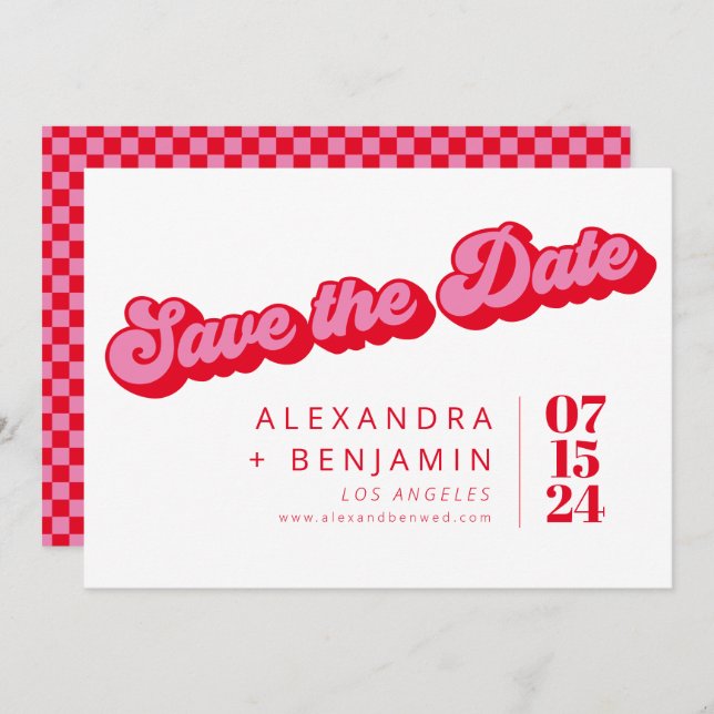 Retro Mod Groovy Bold Pink Red Chequerboard Save The Date (Front/Back)