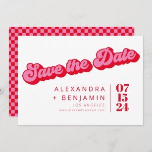 Retro Mod Groovy Bold Pink Red Chequerboard Save The Date