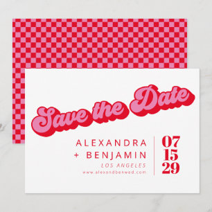 Retro Mod Groovy Bold Pink Red Chequerboard Save The Date