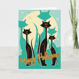 Retro Mod Kitty Trio Halloween Greeting Card